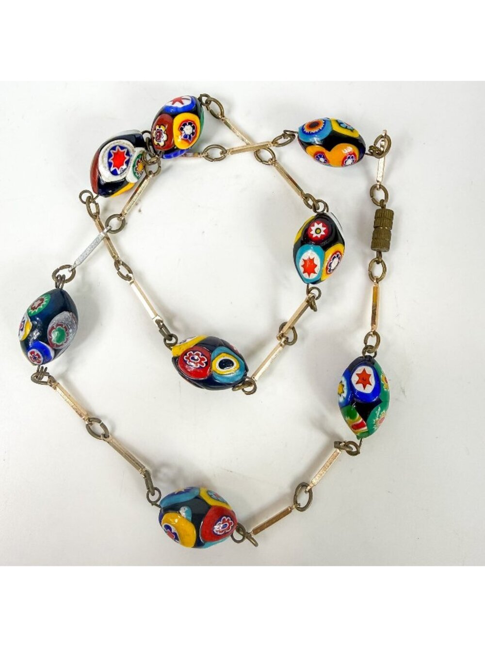 Vintage Venetian Millefiori Art Glass Oval Beaded Bar Chain Necklace 23''